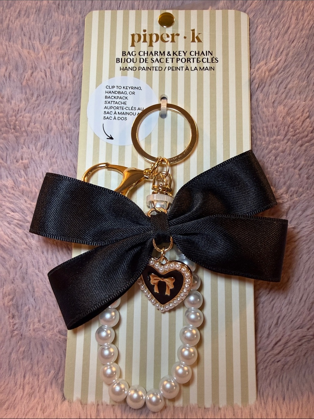 🐈⬛ Piper K Purse Charm Black Bow with Pearl Heart Charm Keychain